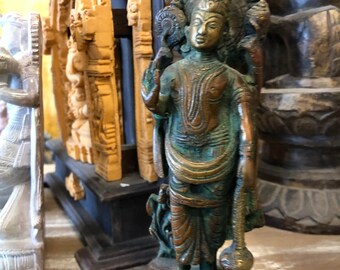 Vintage Carved Statue Standing Four Armed Lord Vishnu - Brass Sculpture