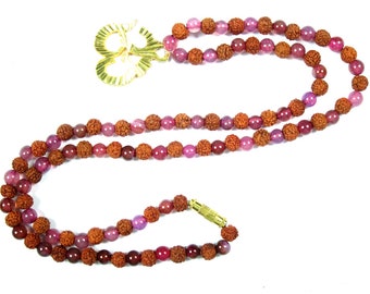 LOVE PINK JADE Mala Beads Grounding Rudraksha Prayer Healing Beads Yoga Japa With Om Pendent Mala 108+1