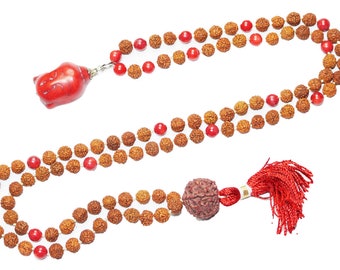 Healing Beads Jewelry Coral Chakra Rudraksha Yoga Meditation Japamala with Buddha Pendant