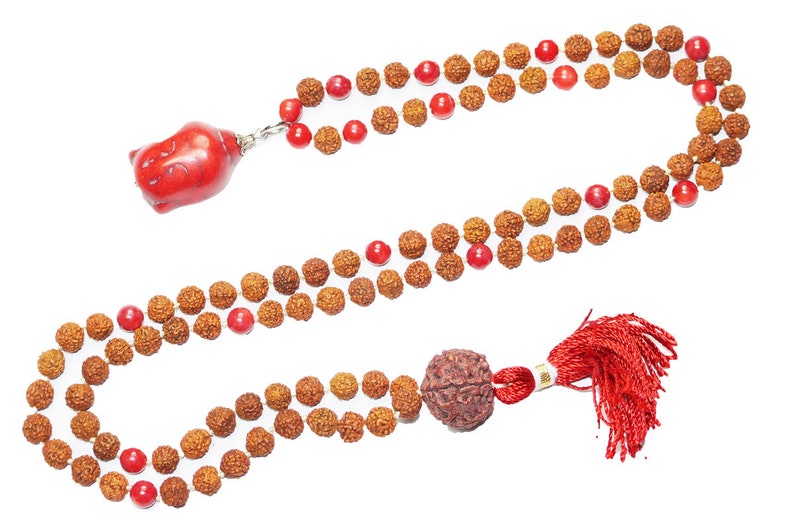 Healing Beads Jewelry Coral Chakra Rudraksha Yoga Meditation Japamala with Buddha Pendant