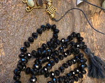 Saturn Black Crystal Mala With Pendant Handmade Mala, Natural Gem Stone Lucky Brass Pendant