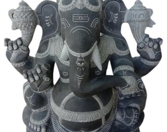PRE ORDER-Natural Stone Ganesha Garden Statue Handcarved Gray Granite Stone Garden Temple Decor Sculpture