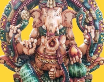 PRE-ORDER Lord Ganesha with a Traditional Prabhavali Colorful Wooden Ganesha Idol, Goddess Of Knowledge, Temple Figurine, Divine Sculpture