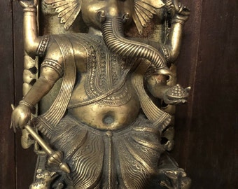 Vintage Ganesha Statue, Seated on Chair, Very Old Bastar Ganesh Brass Statue, Good luck, Altar Divine Old World Decor Sculpture