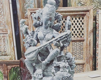 Goddess Saraswati Playing Veena Art Religious Sculpture, Handmade Blessing Sculpture Home Altar Decor Spiritual Idol