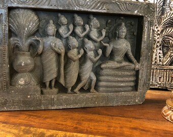 Vintage Buddha preaching to his followers Frieze Carved Stone Wall Sculpture Gift YOGA SPIRITUALITY Home Decor