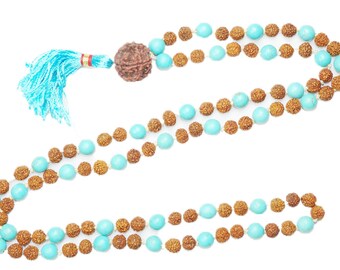 Yoga Kundalini with Rudraksha Turquoise Chakra Mala beads Buddhist Healing Japamala Necklace