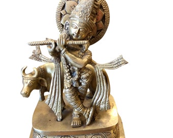 Antique Brass Indian Hindu God Lord Krishna Statue Playing Flute with Cow Figurine Sculpture Altar Decor