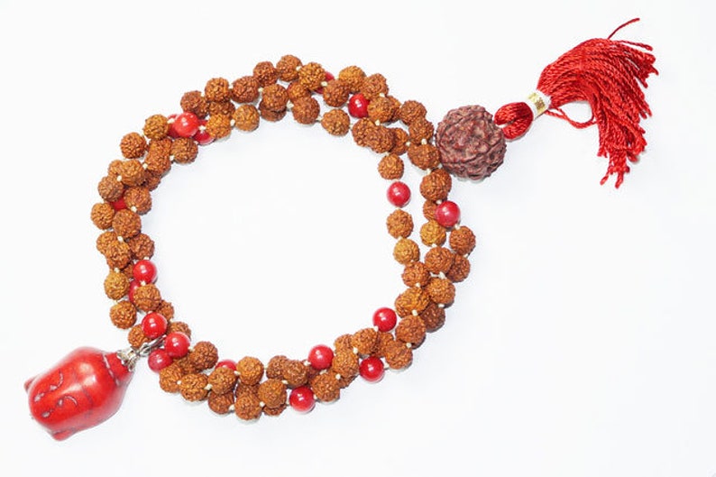 Healing Beads Jewelry Coral Chakra Rudraksha Yoga Meditation Japamala with Buddha Pendant
