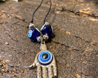 Protecting against negativity: evil eye pendant necklace, Rudraksha Mala Natural Tiger Eye Yoga Necklace Beads Handmade Mala