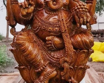 PRE-ORDER Wooden Ganesha Statue, Seated On Lotus Ganesha Idol, Hindu Home Decor, Goddess Of Knowledge, Temple Figurine, Divine Sculpture