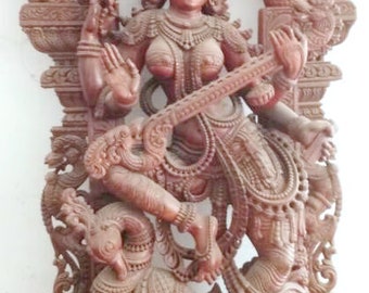 PRE-ORDER Saraswathi Statue, Hindu Goddess Of Music, Saraswati Devi Sculpture, Wooden Idol, Hindu Goddess Of Arts & Learning, Temple Idol