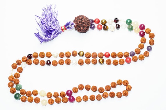 Sacred Geometry Sri Yantra Yoga Mala Necklace 9 Planet Rudraksha With Navaratan Pendant Prayer Beads for Meditation