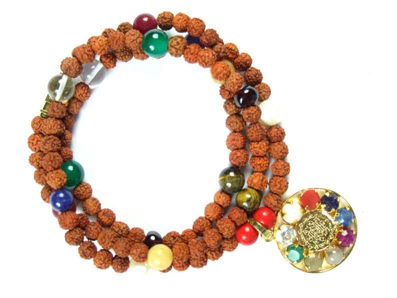 Sacred Geometry Sri Yantra Yoga Mala Necklace 9 Planet Rudraksha With Navaratan Pendant Prayer Beads for Meditation