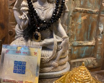 Sacred Geometry, Positivity Altar, SHANI  Yantra, Saturn Black Crystal Mala With Pendant, Meru Yantra