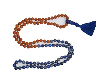 VEDAMALAS Handmade Authentic 108 Bead Mala Necklace Lapis Lazuli Beads, Rudraksha Seed Beads, Blue Tassel Meditation Necklaces