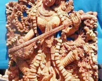 PRE-ORDER Saraswathi Statue, Hindu Goddess Of Music, Saraswati Devi With Veena Sculpture, Wooden Goddess Of Arts & Learning, Temple Idol