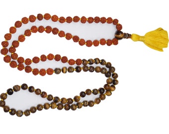Rudraksha Tiger Eye Beads Yellow Tassel Hand Knotted Mala for Healing Calming Power and Confidence Meditation Necklaces