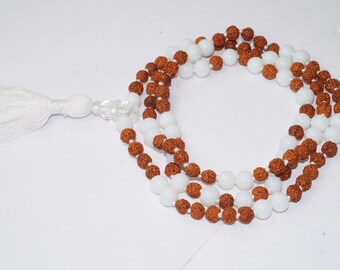 Blancing Energy Hand Knotted Moonstone Rudraksha Yoga Mala Spiritual Jewelry Necklace