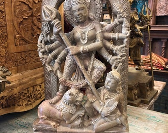 Mahishasur Mardini, Sculpture of A Warrior Goddess, Durga Statue Altar Idol Meditation Hand Carved Stone Sculpture