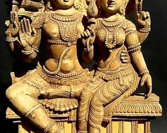 PRE-ORDER Shiva Parvati Statue, Wooden Hand Carved Hindu God Home Decor Sculpture, Puja Idol Pooja Figurine Living Room Home Temple Art Siva