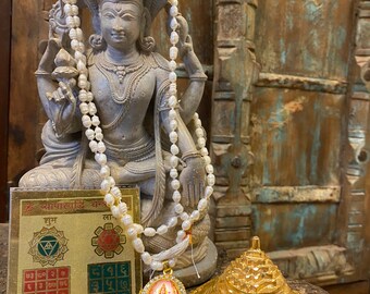 Business Altar - Vyapar Vridhi Yantra, Laxmi Pearls Mala Beads, Handmade, Sacred Geometry, Brass Meru YAntra
