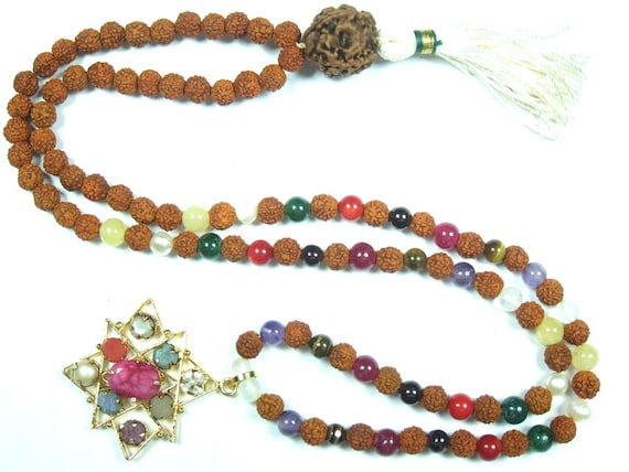 Sacred Geometry Sri Yantra Yoga Mala Necklace 9 Planet Rudraksha With Navaratan Pendant Prayer Beads for Meditation