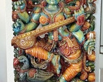 PRE-ORDER Saraswati Statue, Colorful Wooden Hindu Goddess Sculpture, Hindu Home Decor, Idol Goddess Of Knowledge, Music, Temple Figurine