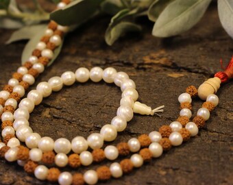 Mala Beads Clearing Energies Pearl Beads Rudraksha Japamala Yoga Necklace Pearls Accent Off White Stretch Wrist Bracelets Conscious Design