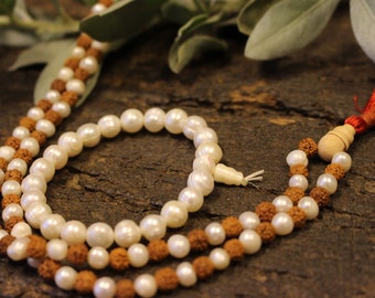 Mala Beads Clearing Energies Pearl Beads Rudraksha Japamala Yoga Necklace Pearls Accent Off White Stretch Wrist Bracelets Conscious Design