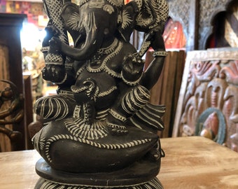 Black Ganesha seated on Conch Shell Stone Statue, Hindu God, Lord of Success, Wisdom, Root Chakra