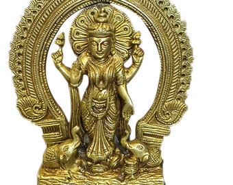 Vintage Standing Gaja Lakshmi Brass Statue with Kirtimukha Prosperity Zen Decor