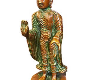 Indian Vintage Vitarka Mudra Standing Buddha Brass Statue Yoga Spiritual Meditation Decor