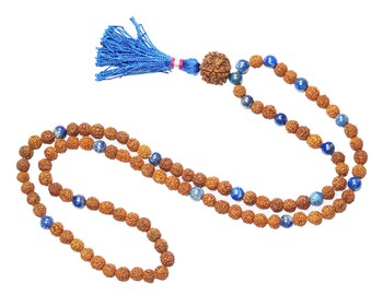 Mogul Interior Tassel Necklace Prayer Mala Meditation Rudraksha LapiZ Lazuli Energy Beads- Inner Truth and Deep Peace