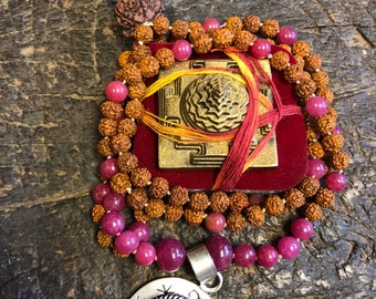 Pink Jade Meditation Mala Beads Rudraksha Prayer Healing Beads Yoga Japa Mala Sacred Geometry With Brass Meru Sri YANTRA, Goddess Altar