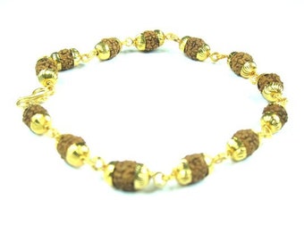 Rudraksha Prayer Beads Healing Mala with Golden Caps Yoga Wrist Bracelet Meditation Gift Idea
