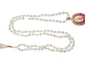 Shri Vaibhav Laxmi Pedant With Yoga Necklace White Tulsi Beads Mala Moon Pearls Jewelry