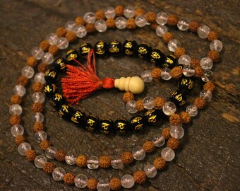 Sphatik Shiva Shakti Yoga Mala Beads, Health and Spirituality Necklaces, Buddhist Mantra OM Mane Padme Hum Carved Black Bracelet