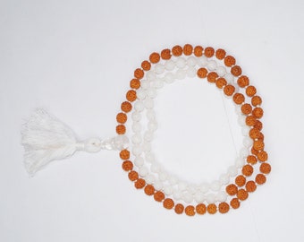 VEDAMALAS Rudraksha and Moonstone Beads Mala Encourage Japa Meditation Yoga Necklace