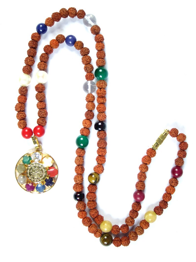 Sacred Geometry Sri Yantra Yoga Mala Necklace 9 Planet Rudraksha With Navaratan Pendant Prayer Beads for Meditation