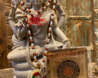 Growth Altar- Shri Bhairav Yantra, Hand Knotted Rudraksha Quartz Crystal Mala beads, Saibaba Pendant, Spiritual Prosperity