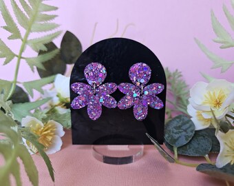 Statement oorbellen Disco Bloom – Handgemaakte hars glitter bloemen