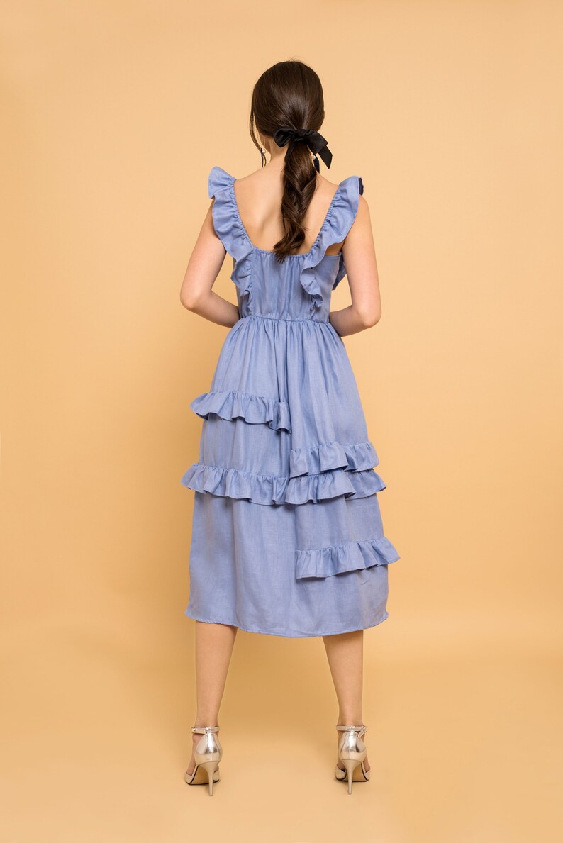 By The River Collection Women Abby Summer Fit and Flare A Line Blue Linen Midi Dress Square Neck Ruffle Skirt Elastic Waist XS S M L XL