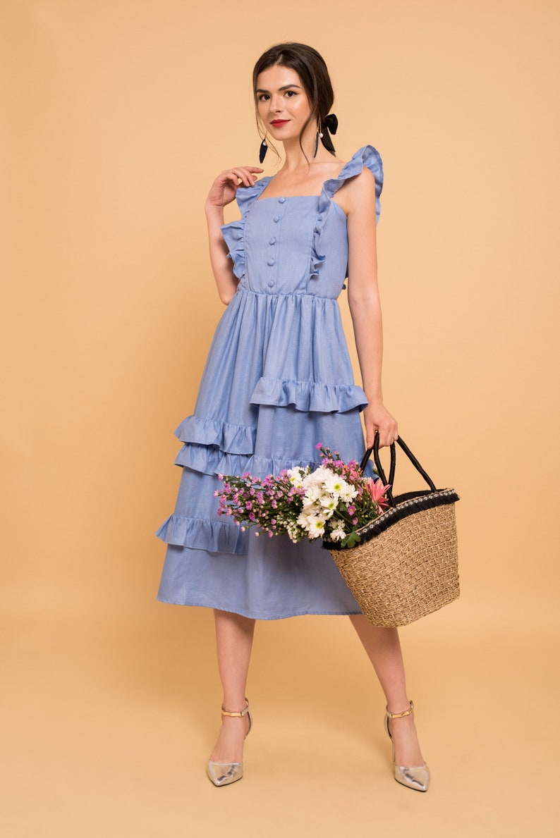 By The River Collection Women Abby Summer Fit and Flare A Line Blue Linen Midi Dress Square Neck Ruffle Skirt Elastic Waist XS S M L XL