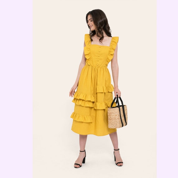 yellow linen midi dress
