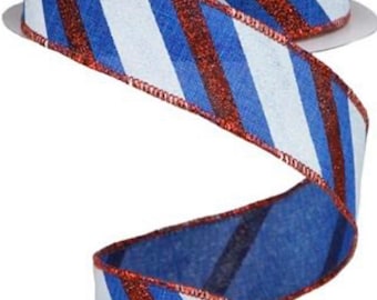 1.5” Diagonal Glitter Stripe Ribbon- Royal Blue/Red/White