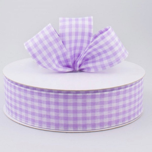 1.5” Gingham Check Wired Ribbon: Lavender & White (5 Yards)