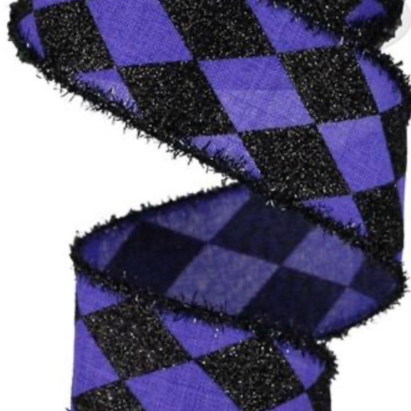 2” Harlequin Check on Royal Ribbon -Purple/Black