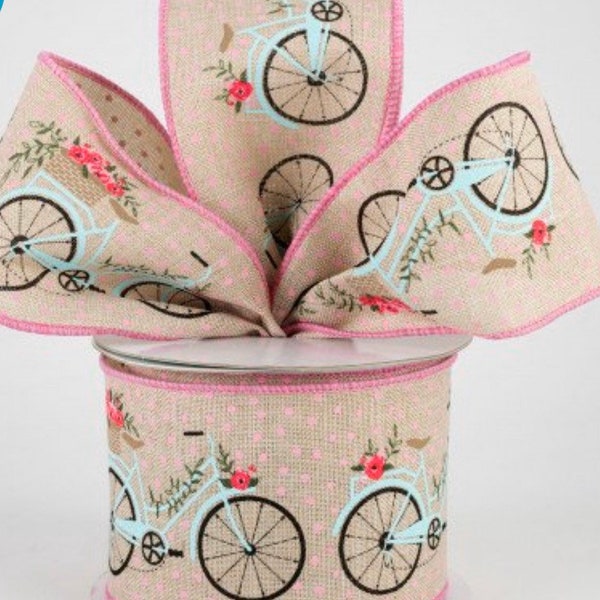 2.5” Bicycles & Blooms Chenille Edge Ribbon: (10 Yards)