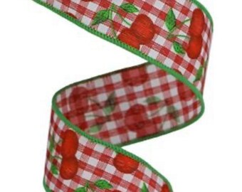 1.5” Cherries on Gingham Check Ribbon-White/Red/Green SKU RGA164956